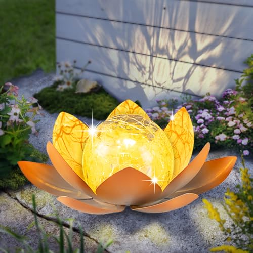 Garden Solar Light Outdoor(2Pack), Amber Crackle Globe Glass Lotus Decoration, Waterproof Gary Metal LED Flower Lights for Patio,Lawn,Walkway,Tabletop, Garden Gifts for Women