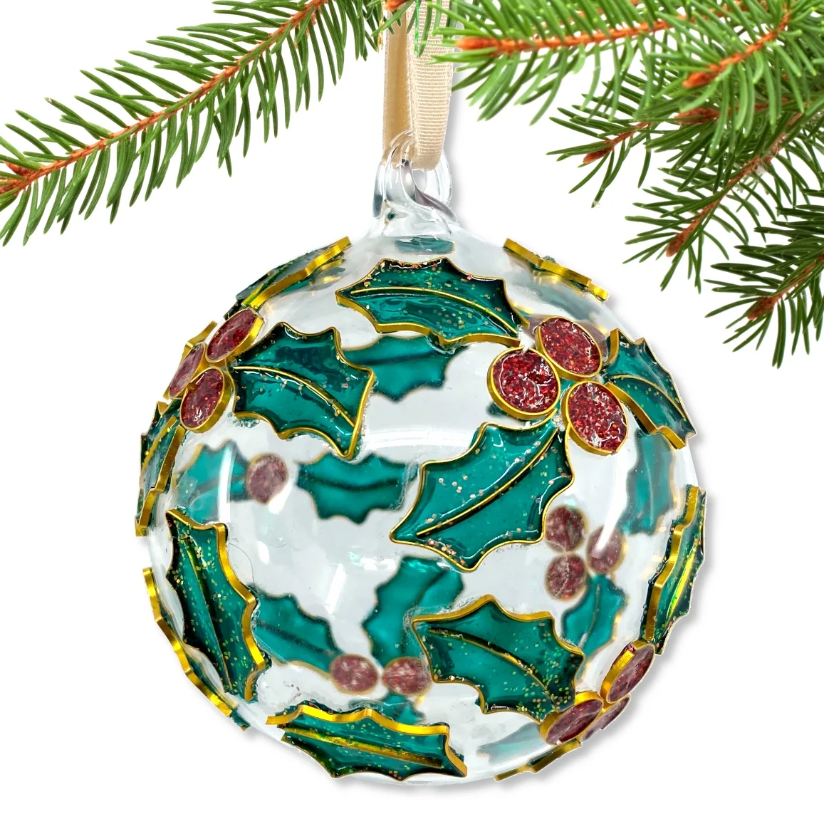 THE JOY TREE Cloisonne Holly Glass Ball Ornament, Gift Boxed