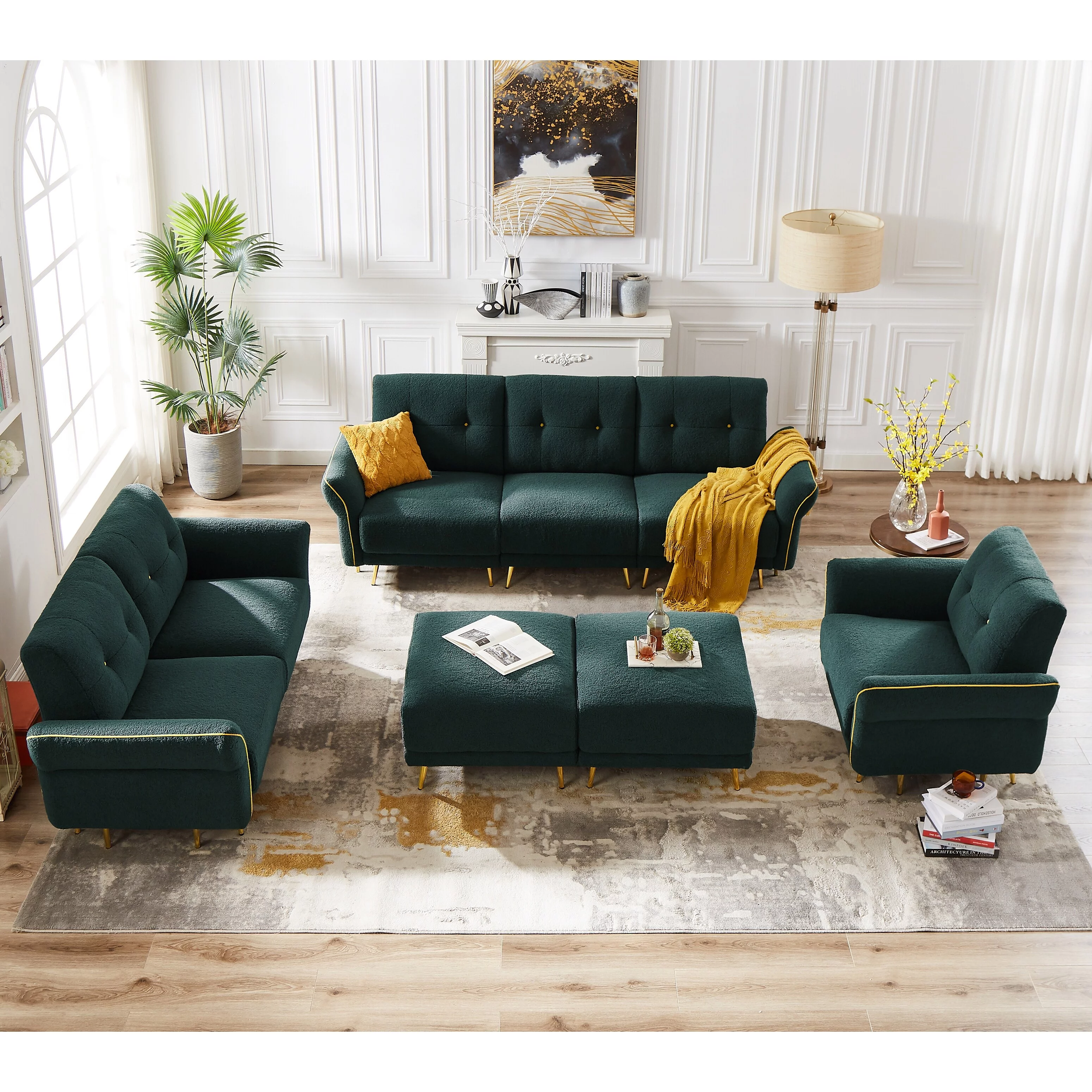 Sectional Sofa Sherpa Fabric Modular Sofa Couch 4 Seater with Ottoman Green