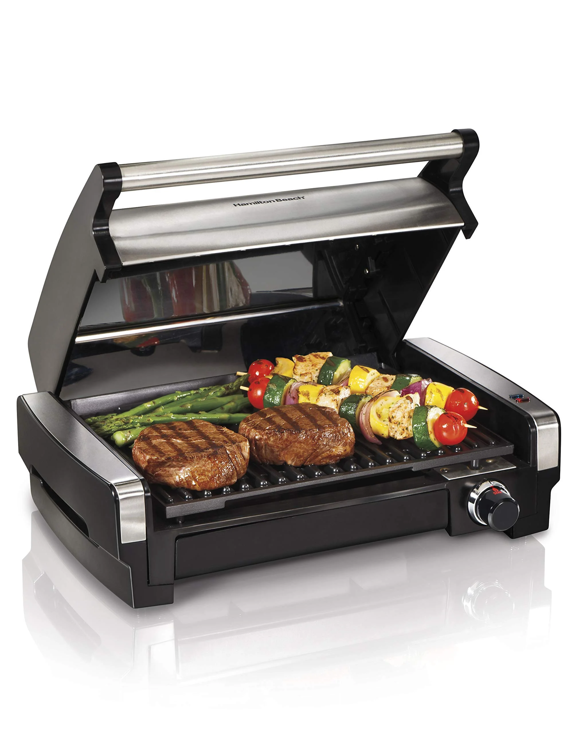 Hamilton Beach Electric Indoor Searing Grill with Adjustable Temperature Control to 450F, Removable Nonstick Grate, 118 sq. in. Surface Serves 6, Stainless Steel