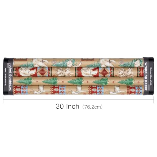 RUSPEPA Christmas Kraft Wrapping Paper - Owl, Reindeer, Christmas Ball and Text Design - 4 Rolls - 30 inches x 10 feet per Roll