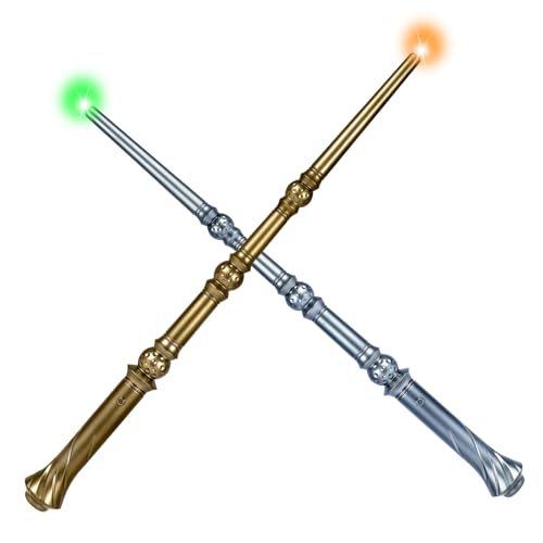 Light Up Magic Wizard Wand with Sounds & 4 Lightings Illuminating Witch Sorcerer Toys for Kids Cosplay Party Favors, 2 Pack, Black & Brown