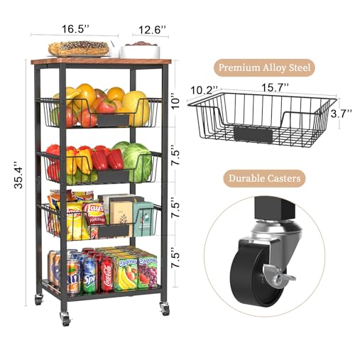 Kitchen Storage Cart, Kitchen Basket, 5-Tier Utility Organizer with Baskets and Wood Top, Rolling Snack Cart with Wheels, Metal Black