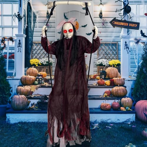 Halloween Decorations, Hanging Swing Ghost with Voice Activated, Creepy Sound/Light Up Eyes, Halloween Animatronics Spooky Haunted House Holiday Prop for Outdoor Indoor Yard Garden Patio Trees