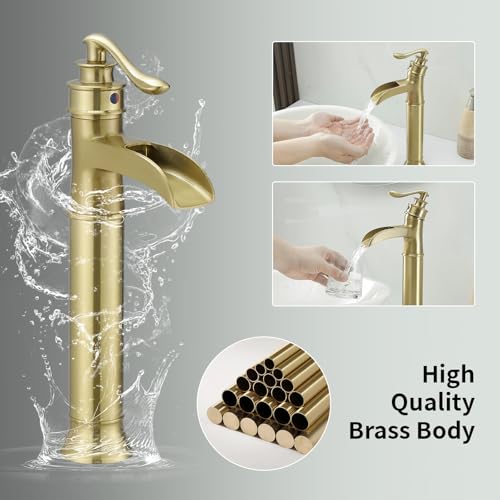 BWE Vessel Sink Faucet Waterfall Matte Black with Pop Up Drain Without Overflow and Supply Lines, Black Sink Faucet Bathroom One Handle Faucets Vanity Bath Mixer Tap