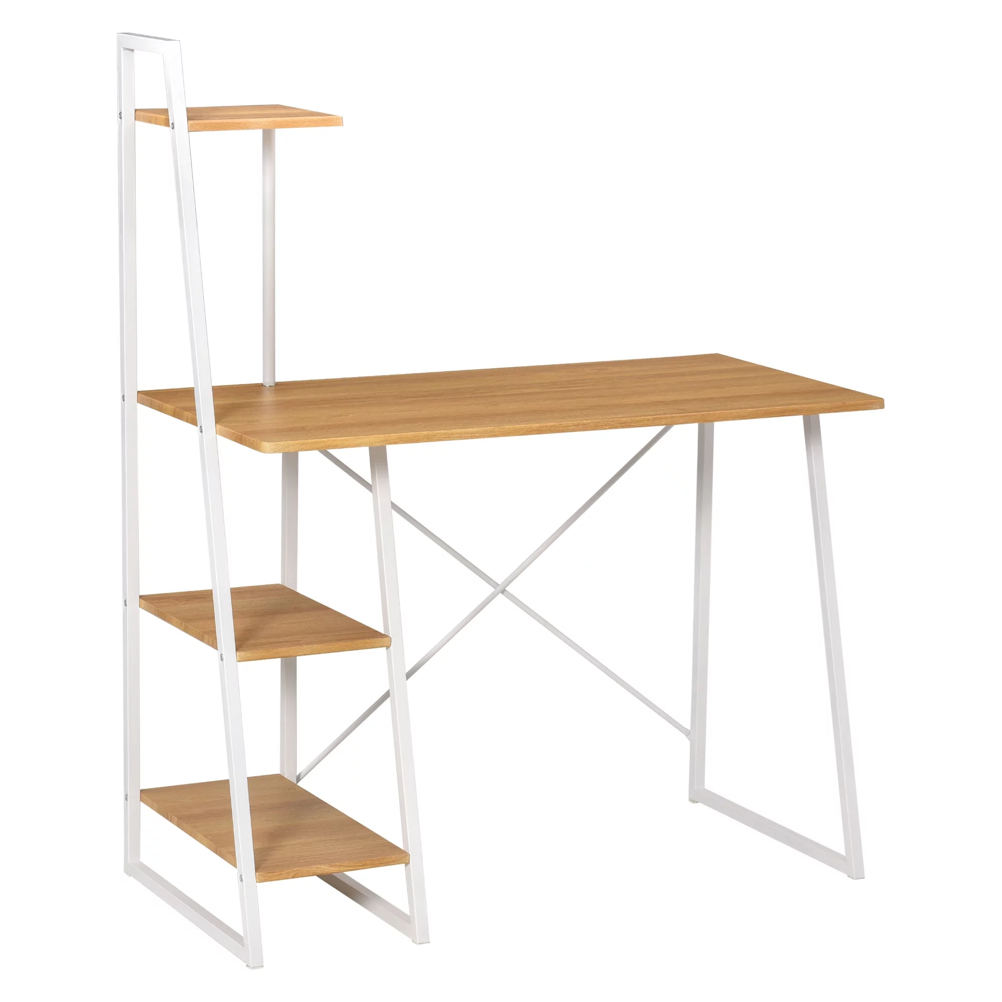 HOMCOM Home Office Computer Desk Study Writing Table Workstation with 3-Tier Open Storage Shelves, Large Desktop and Metal X-Bar Frame, Natural/White