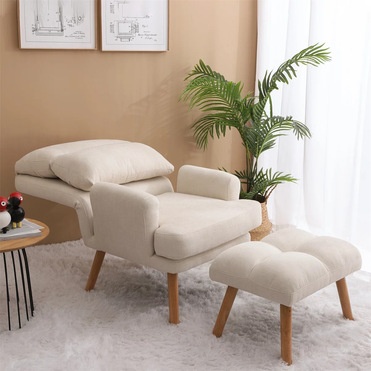 Mid Century Accent Chair with Ottoman Set, Modern Armchair with Wood Legs and Adjustable Backrest, Chair and Ottoman Set, Comfy Lounge Chair for Living Room Bedroom Reading Room, Beige