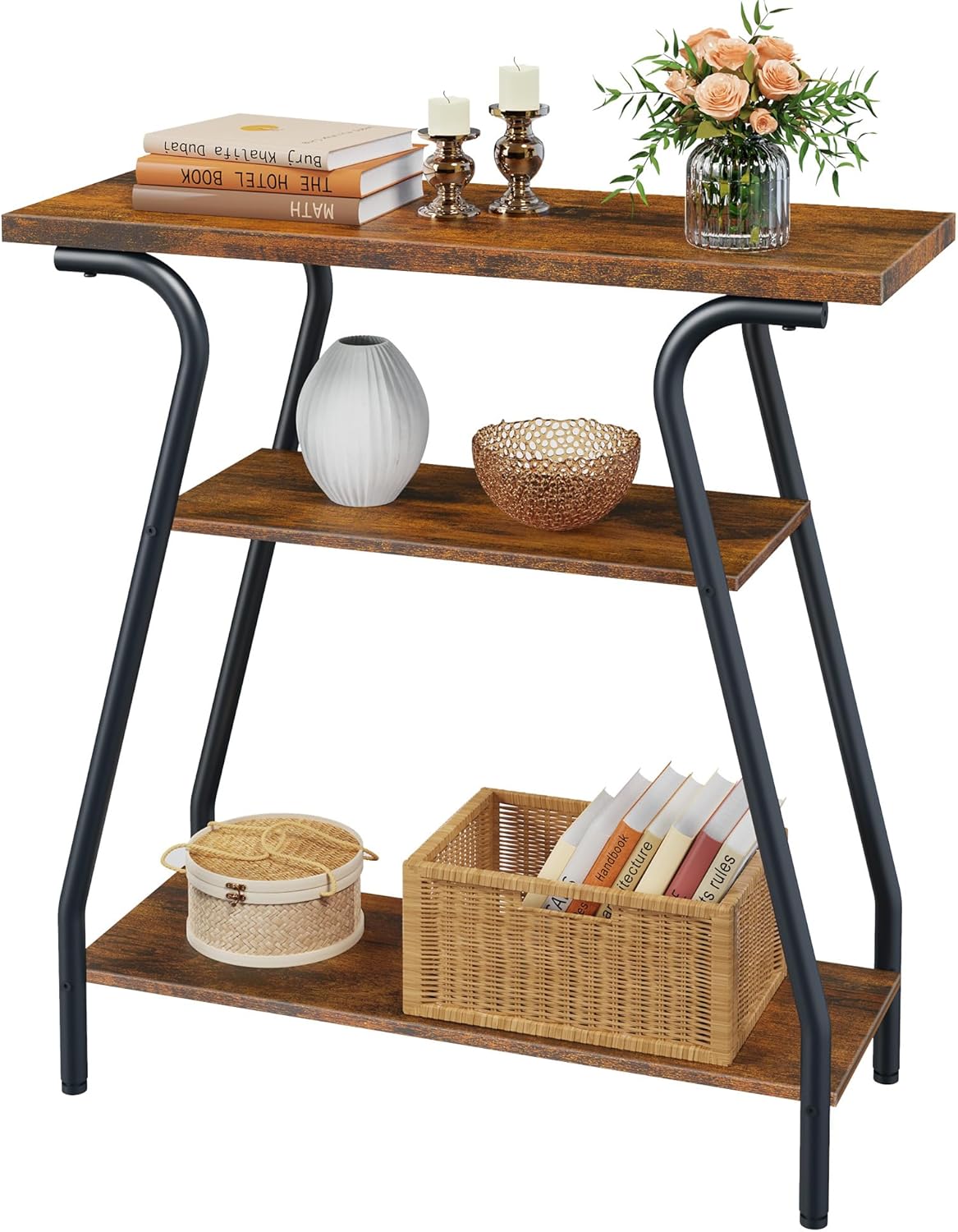 Narrow Console Table, 3 Tier Entryway Table with Storage Shelves, Industrial Farmhouse Sofa Table with Curved Frame for Living Room, Entry Way, Hallway, Foyer, Front Door, Couch, Office