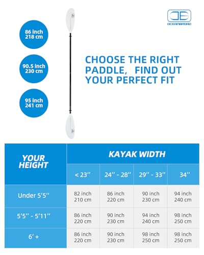 OCEANBROAD Kayak Paddle 86in/218cm, 90.5in/230cm, 95in/241cm Alloy Shaft Kayaking Boating Canoeing Oar with Paddle Leash