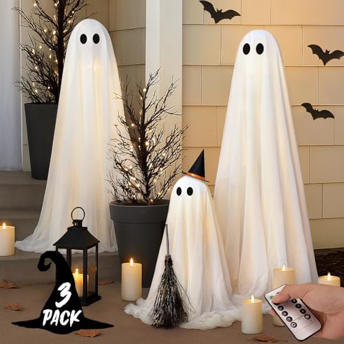 Halloween Decorations - Halloween Decorations Outdoor - Set of 3 Light Up Spooky Ghosts Decoration with 8 Light Modes Timer Remote- Indoor Cute Party Ghost Decor for Yard Porch Lawn Home Front Door