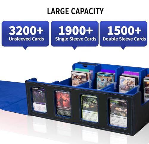 Trading Card Storage Box for MTG TCG Magic Cards,4-Row Deck Box with Commander Display,3200+ Deck case with Portable Handle &4 Supports & 24 Dividers&1 Dice Tray(Black & Grey)
