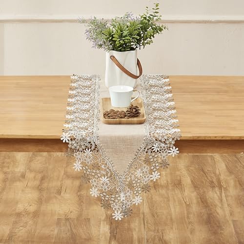 Natural Neutral Earth Tones Beige Floral Lace Table Runner Dresser Scarf 120 inches Long for Home Decor (16” x120”, Floral Natural)
