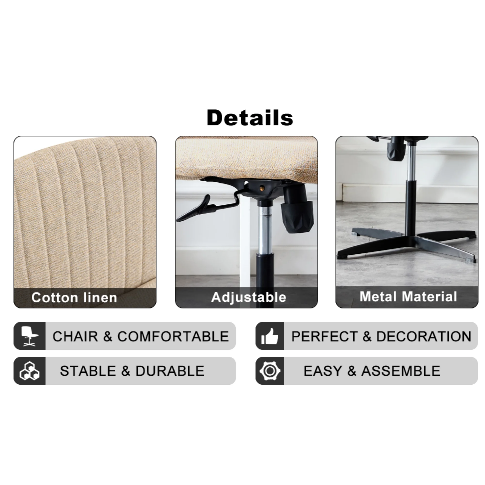 Adjustable Swivel Home Office Computer Chair with Cushion & Black Foot - No Wheels