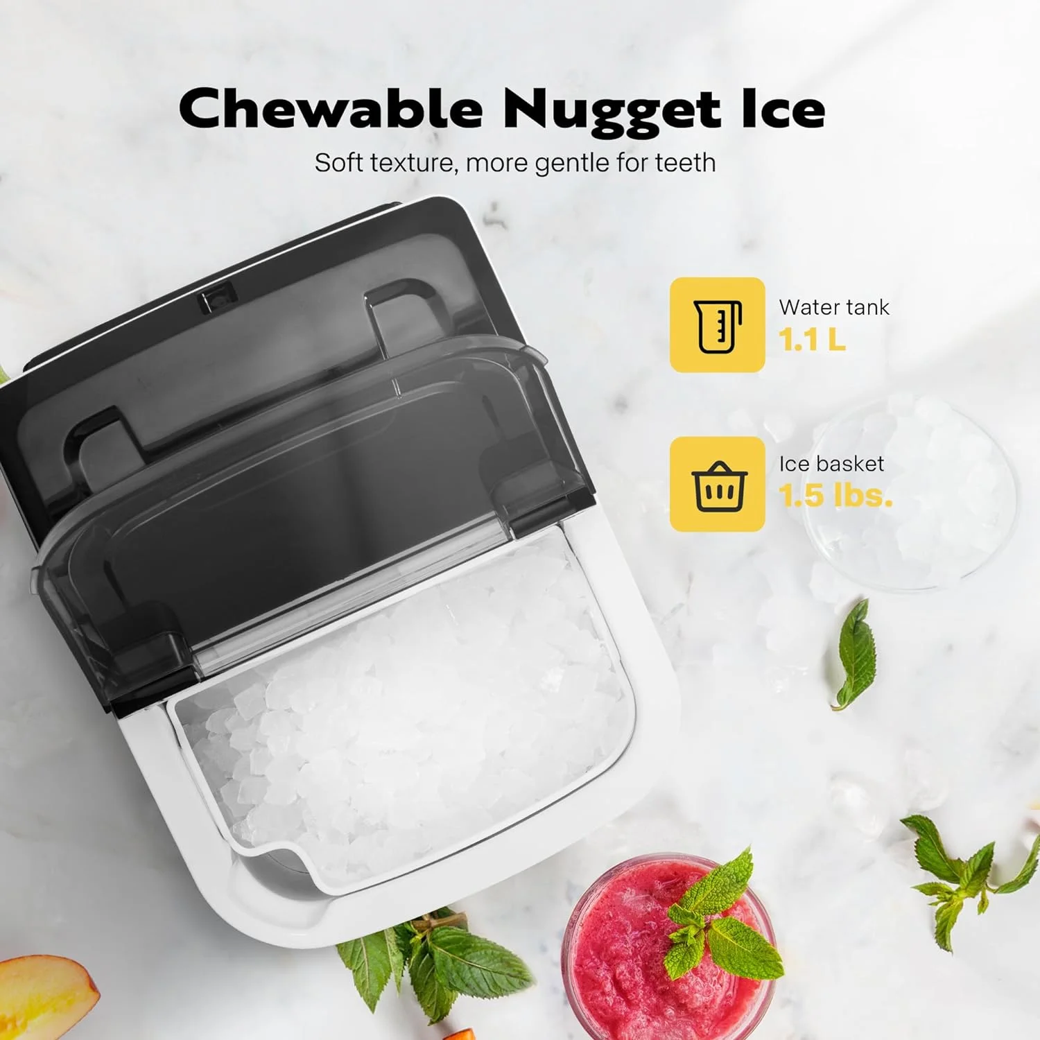 SPECSTAR Nugget Ice Maker Machine, Countertop Ice Cube Maker Machine with Hand Scoop 10 Ice Bags and Self Cleaning Function 33lbs/Day Silver
