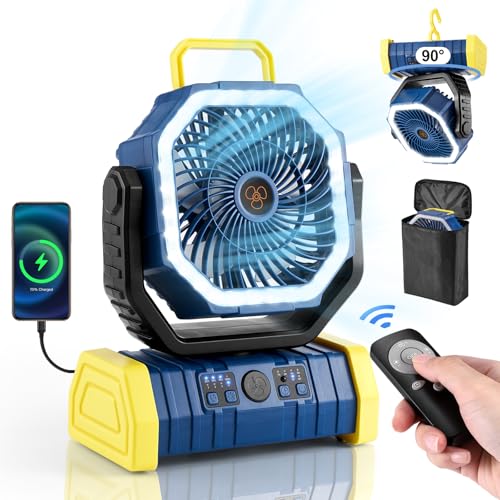 Odoland 30000mAh Camping Fan with LED Lantern, Rechargeable Battery Operated Oscillating with Remote Hook Stroage Bag, Portable Tent Fan with Timer, 4 Speeds for Outdoor RV Jobsite Power Outage, Blue