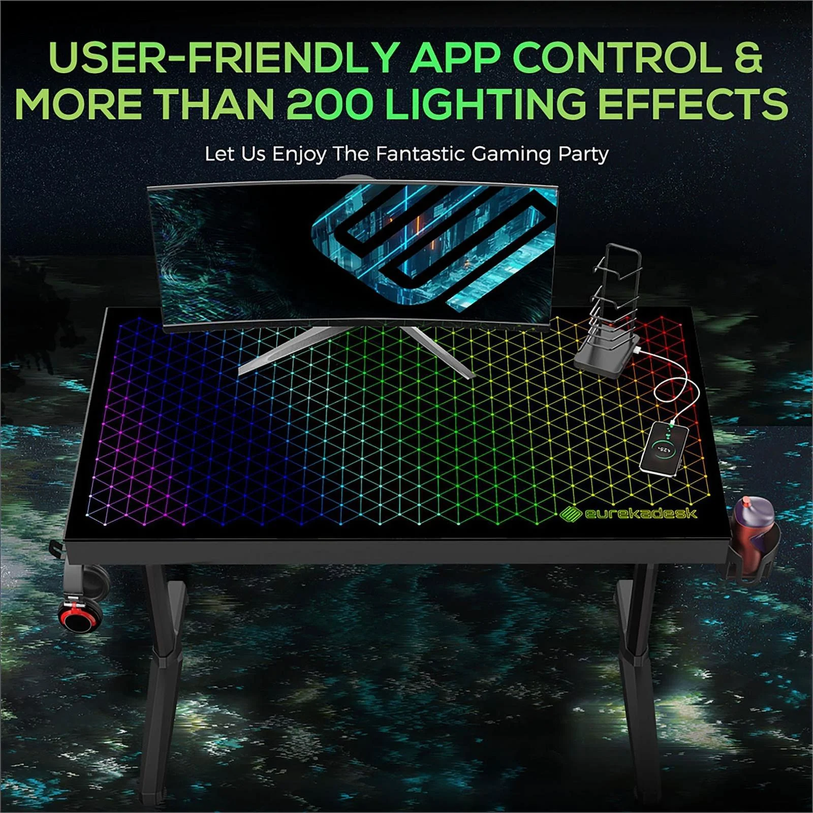 Pemberly Row Modern Metal Gaming Desk with Tempered Glass Top in Black