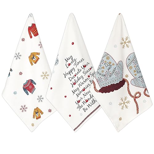 Folkulture Christmas Tea Towels Set of 3 | 20 x 26 Inches Cotton Dishcloths for Farmhouse Decor | Falala Xmas Design for Holiday Kitchen & Christmas Décor