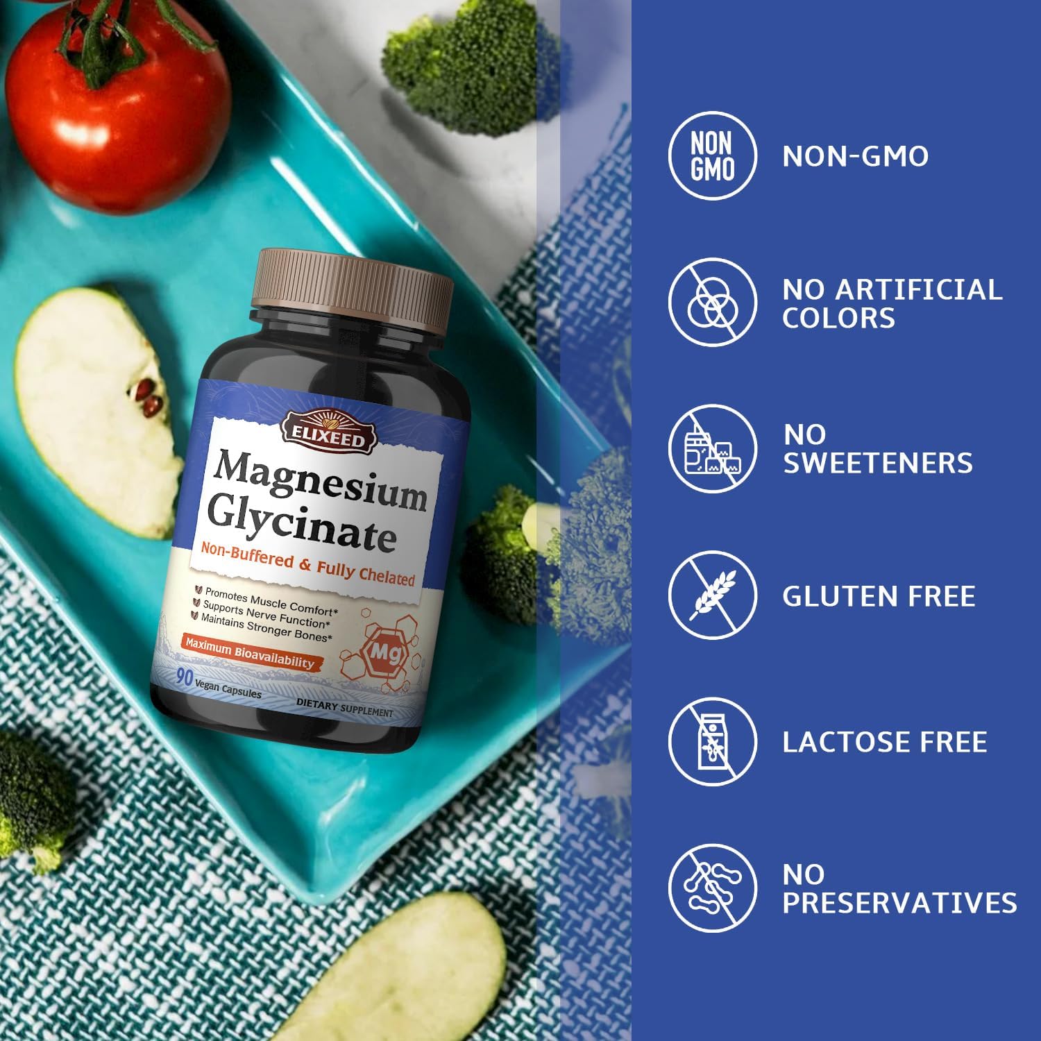 Magnesium Glycinate, 160mg Elemental Mag, Chelated & Non-Buffered, Maximum Bioavailability, Muscle, Bone & Nerve Health, Promote Relaxation, 90 Caps, Non-GMO