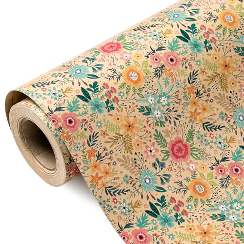 WRAPAHOLIC Kraft Floral Wrapping Paper Roll - Mini Roll - 17 Inch x 33 Feet - Spring Summer Garden Flower Design Perfect for Wedding, Bridal Shower, Birthday