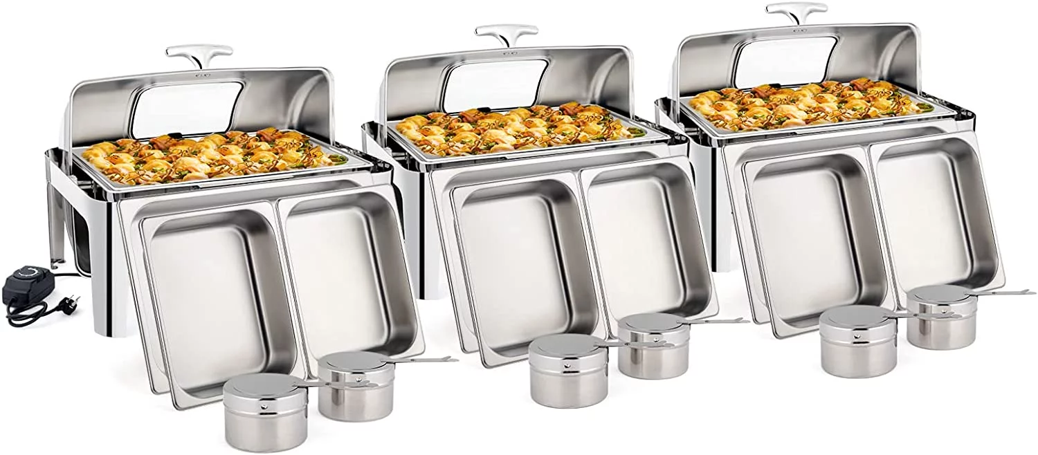 ROVSUN 9 QT 3 Packs Stainless Steel Chafing dish Buffet Set with Electric & Fuel Heating,Roll Top Catering Chafer Server with Full Size & 2 Detachable Food Pans, Glass Lid for Party Wedding Banquet