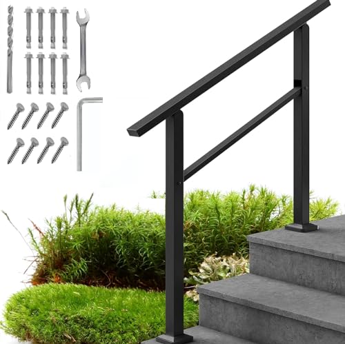 Metty Metal Hand Rails for Outdoor Steps,3 Step Stair Handrail & Indoor Stair Railing Kit，Black Railings for Outdoor Steps and Hand Rails for Seniors for Porch Railing & Deck Hand Rail(1-3 Step)