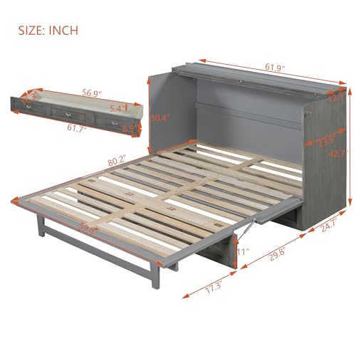 Harper & Bright Designs Full Size Murphy Bed Wall Bed, Solid Pine Murphy Bed Chest Cube Cabinet Bed with USB, Charging Station and Large Storage Drawer for Home Office or Small Room - White