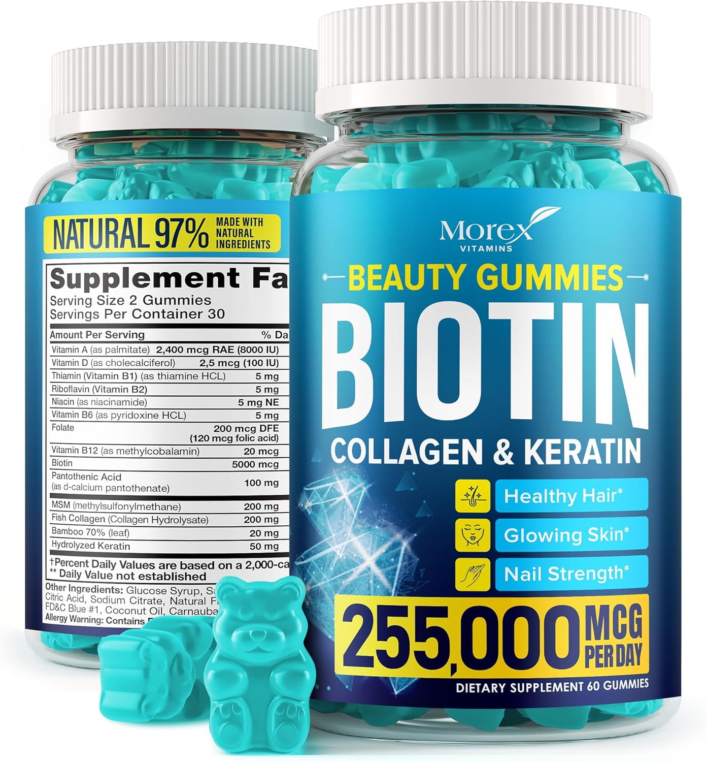 Hair Vitamins Natural Gummies - Biotin Multivitamin for Hair, Skin & Nails with Collagen & Keratin - Anti Aging Collagen Gummy Vitamins for Men & Women - Hair & Nail Growth Gummies - 60psc