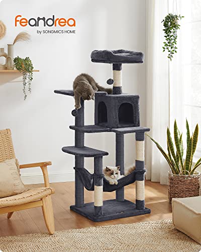 Feandrea Cat Tree, 61-Inch Cat Tower for Indoor Cats, Plush Multi-Level Cat Condo with 5 Scratching Posts, 2 Perches, 2 Caves, Hammock, 2 Pompoms, Light Gray UPCT192W01