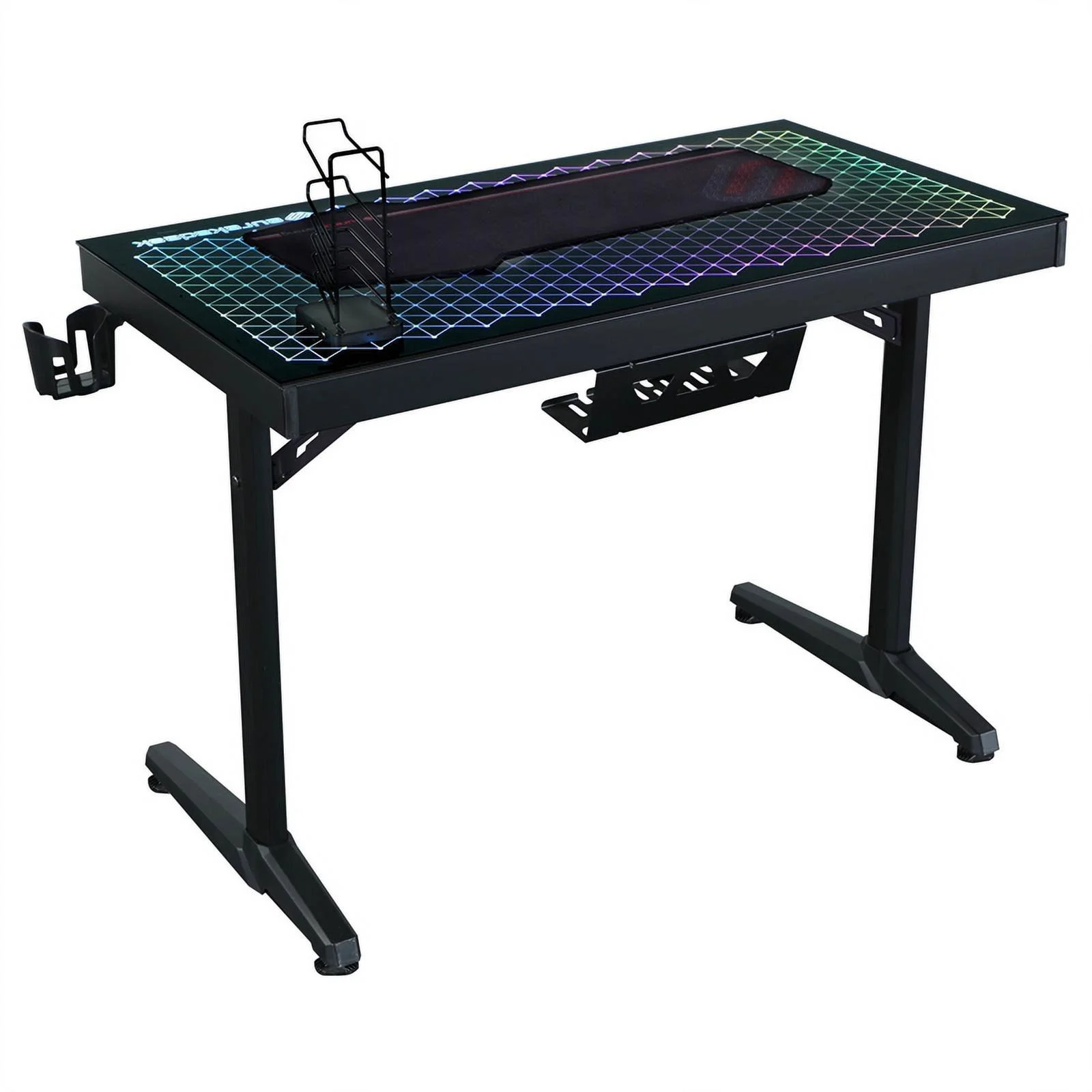 Pemberly Row Modern Metal Gaming Desk with Tempered Glass Top in Black