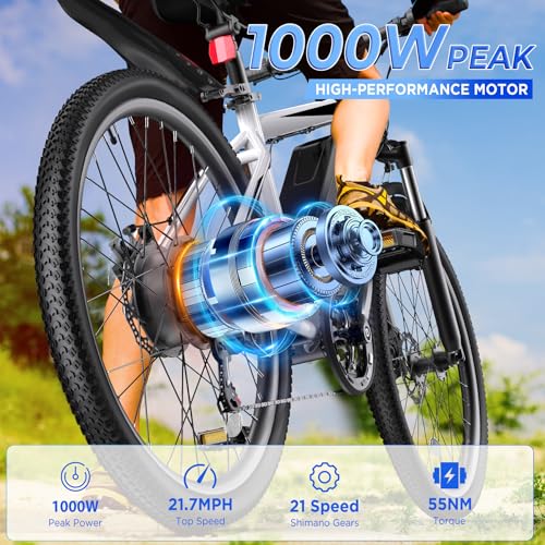 Electric Bike for Adults, 26'' 1000W Peak Ebike, Up to 50 Miles 21.7MPH Electric Mountain Bike with 48V 374.4WH Removable Battery, Adjustable Stem, Fenders, Lockable Suspension Fork, 21-Speed