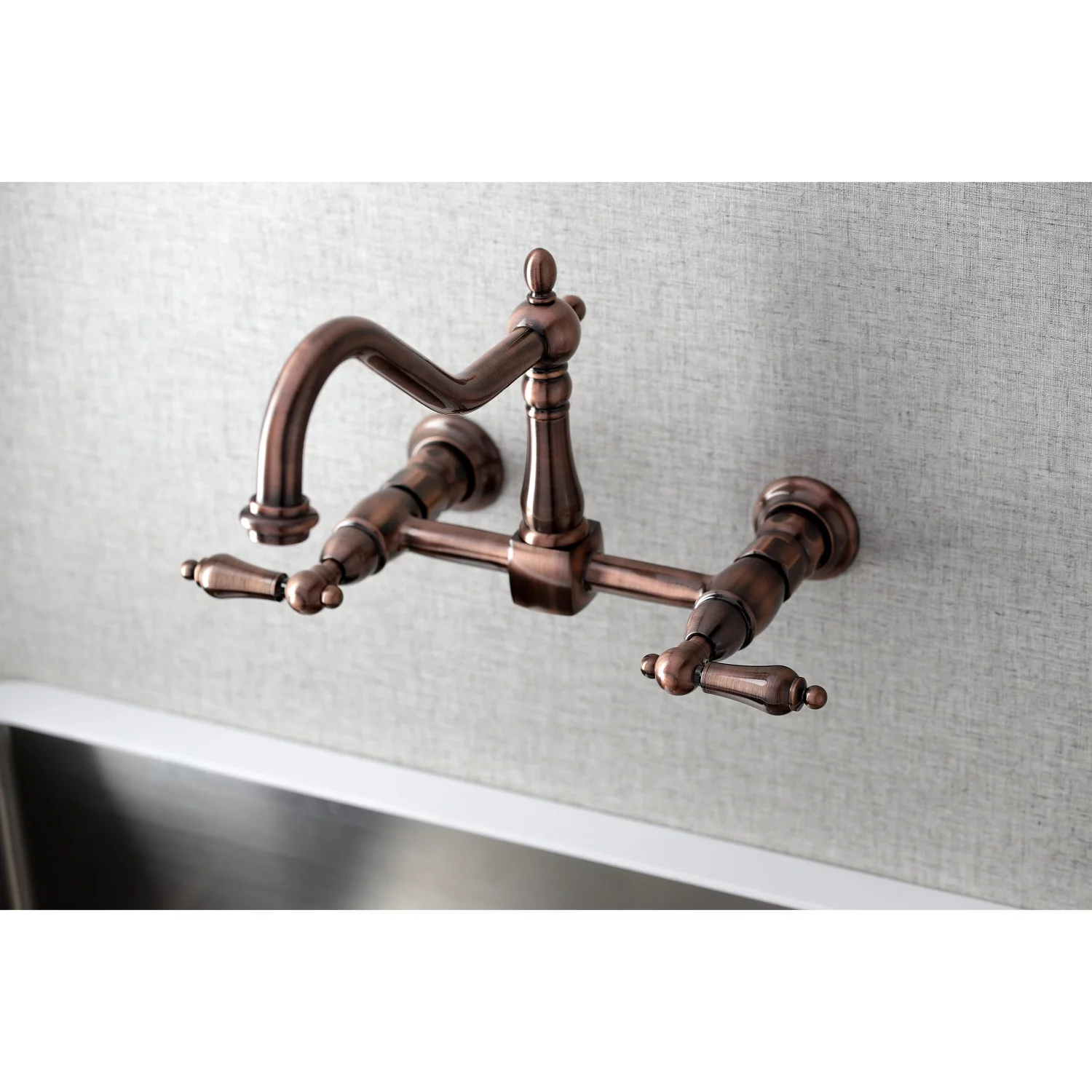 Kingston Brass KS124ALAC Heritage Wall Mount Bridge Kitchen Faucet, Antique Copper