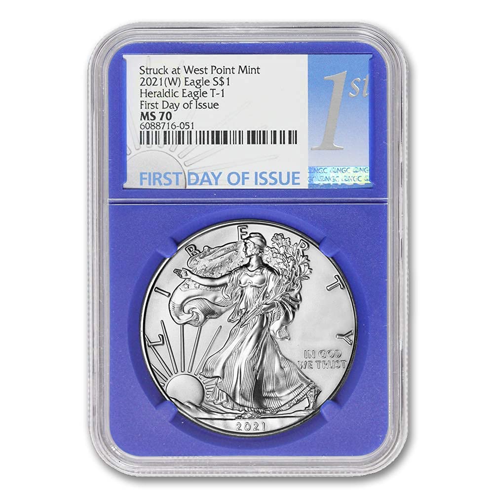 2021 (W) 1 oz American Silver Eagle Coin MS70 (Heraldic Eagle T-1 - First Day of Issue - Struck at West Point Mint - Blue Core Label) by CoinFolio $1 MS-70 NGC