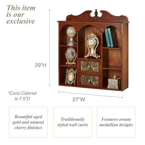 Sarantino Wall Wooden Curio Cabinet Natural Cherry - Traditional Style - Handcrafted Wood - Seven Shelves, Two Drawers - Ornate Medallion Designs - Decorative Display - Mounted - 14