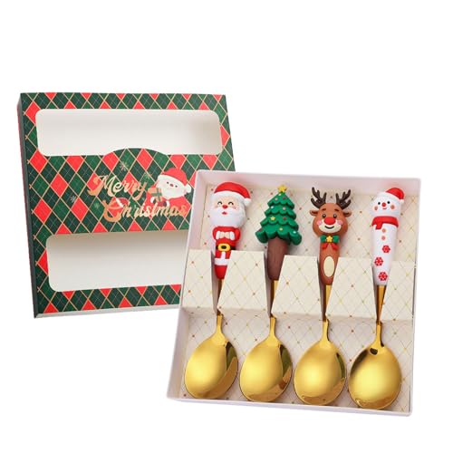 4Pcs Christmas Coffee Spoon Set Creative Santa Snowman Elk Xmas Tree Theme Spoons for Dessert Tea Soup Coffee Stirring Spoons Dinner Tableware Decoration