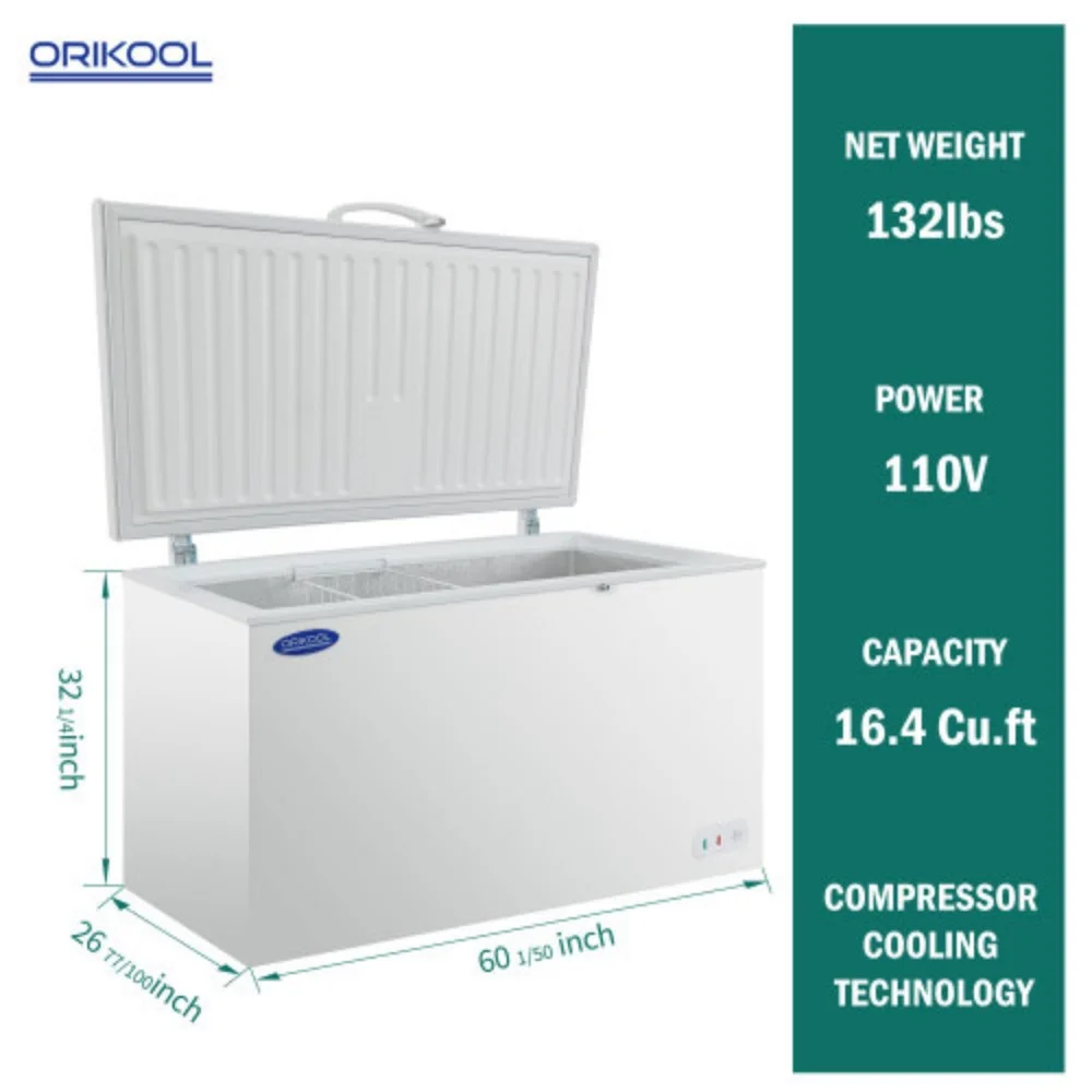 ORIKOOL Chest Freezer 16.4 Cu.ft Solid Top Commercial Deep Chest Freezers with Lockable Stay-Open Lid Painted for Back-of-House Bulk Storage  White + Steel