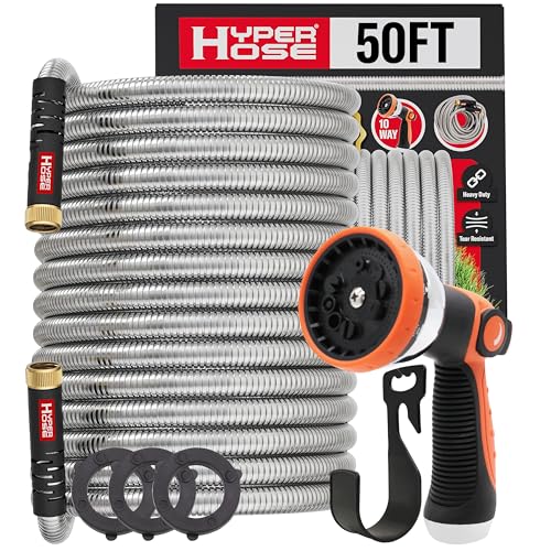 Best 100 ft Metal Garden Hose Set - No-Kink Durable 316 Stainless Steel, 10-Way Zync Spray Nozzle & Hook – Tough Flexible Heavy Duty Water Hoses, Naval Brass, Rust, Weather, LeakProof