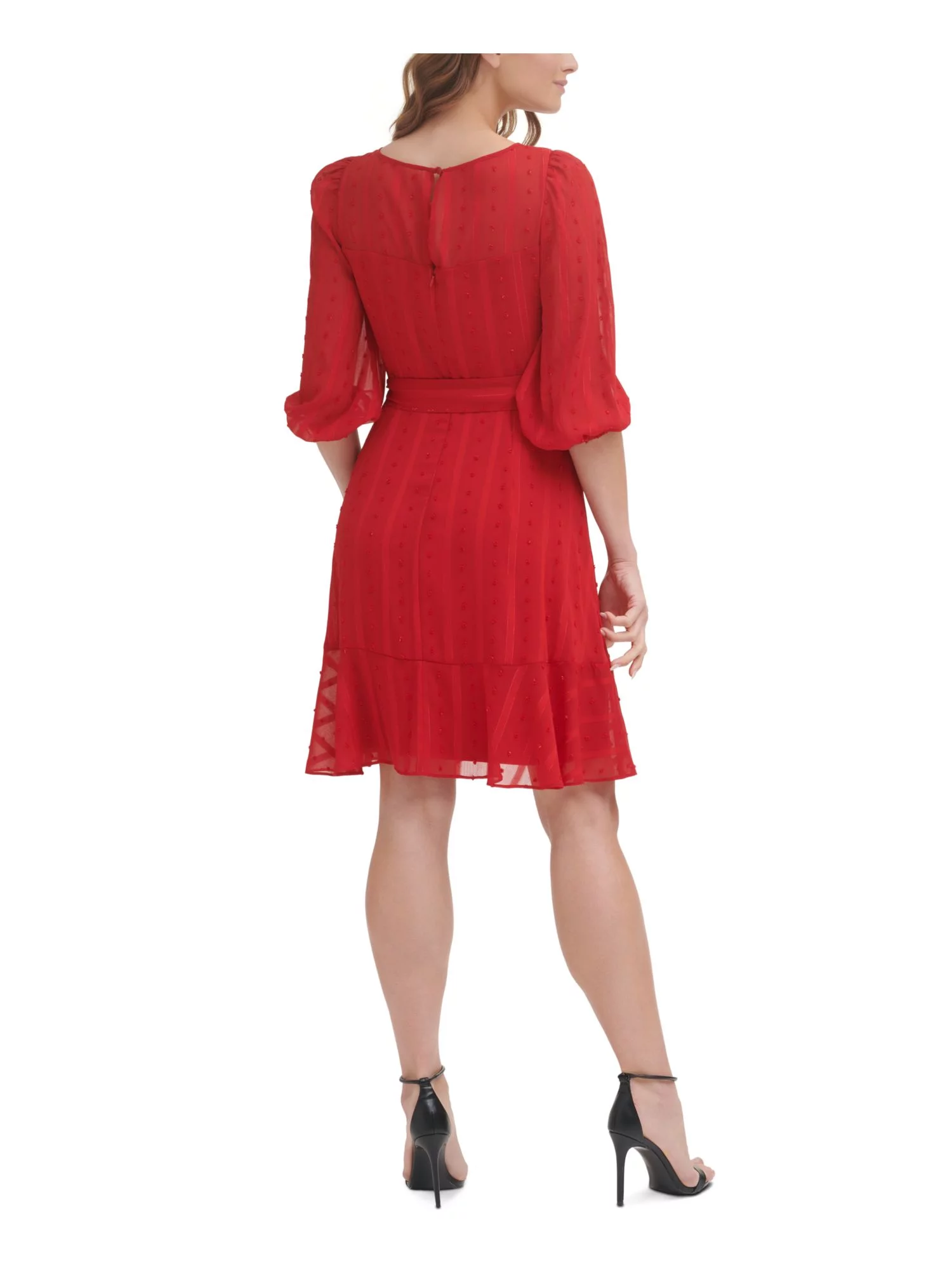 DKNY Womens Red Gathered Zippered Tie Sash Ruffled Hem Striped Pouf Sleeve Jewel Neck Above The Knee Wear To Work Fit + Flare Dress 4