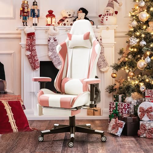 ECOTOUGE PC Massage Gaming Chair with Footrest Ergonomic Office Desk Chair Racing PU Leather Recliner Swivel Rocker with Headrest and Lumbar Pillow, Blue