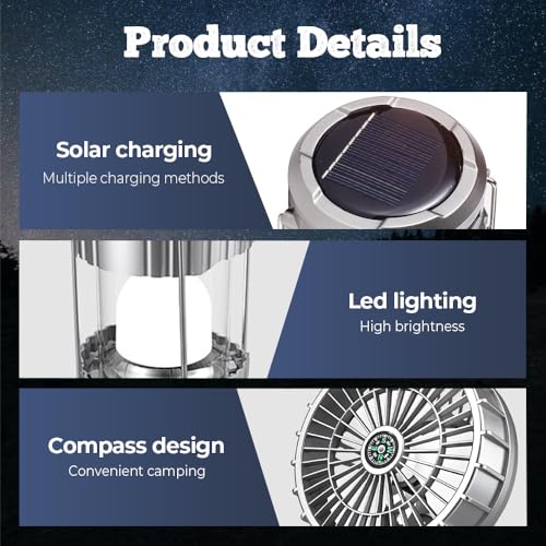 Portable LED Camping Lantern with Fan, New Upgraded Multifunctional Solar Camping Lantern Rechargeable Solar Fan, Tent Camping Fan Hanging with Light (StyleB-Silver)