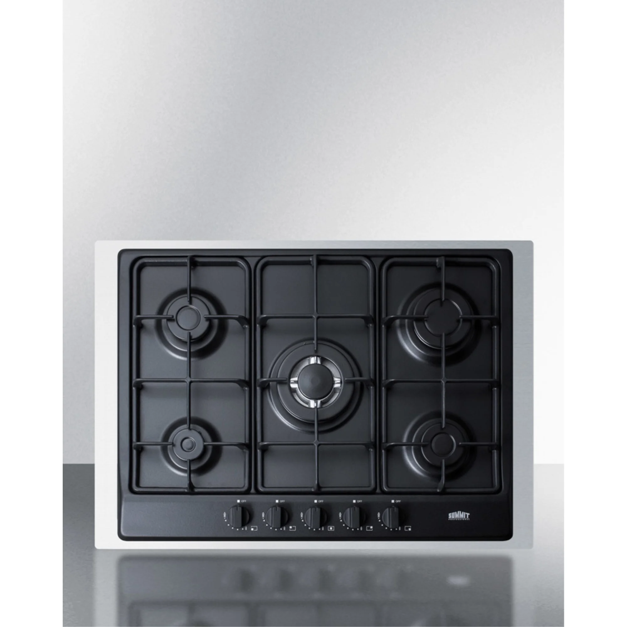 5-burner gas cooktop made in Italy in black matte finish with sealed burners, cast iron grates, wok stand, and stainless steel frame to allow installation in 30