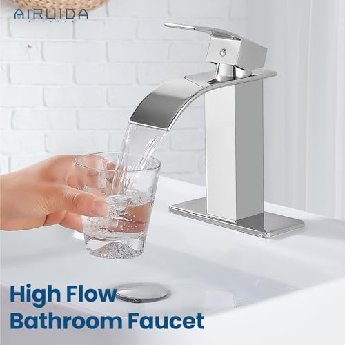 Airuida Brushed Gold Tall Waterfall Bathroom Vessel Sink Faucet Modern Bathroom Vanity Faucet Single Handle Single Hole Farmhouse Bar Mixer Tap Washbasin Faucet Deck Mount