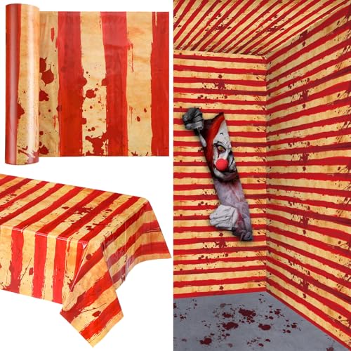 Tegeme 200 FT Creepy Carnival Tablecloth Roll for Horror Circus Halloween Decorations Bloody Creepy Tent Backdrop Red and White Striped Tablecloth for Clown Room Wall Evil Circus Party Decorations