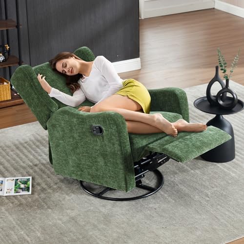 360° Swivel Glider Recliner, Soft Chenille Mid Century Modern Upholstered Ergonomic Rocker Comfy Wingback Accent with Curved Arm Sillas Reclining Chair Living Room Bedroom Lounge Reading Nursery Green