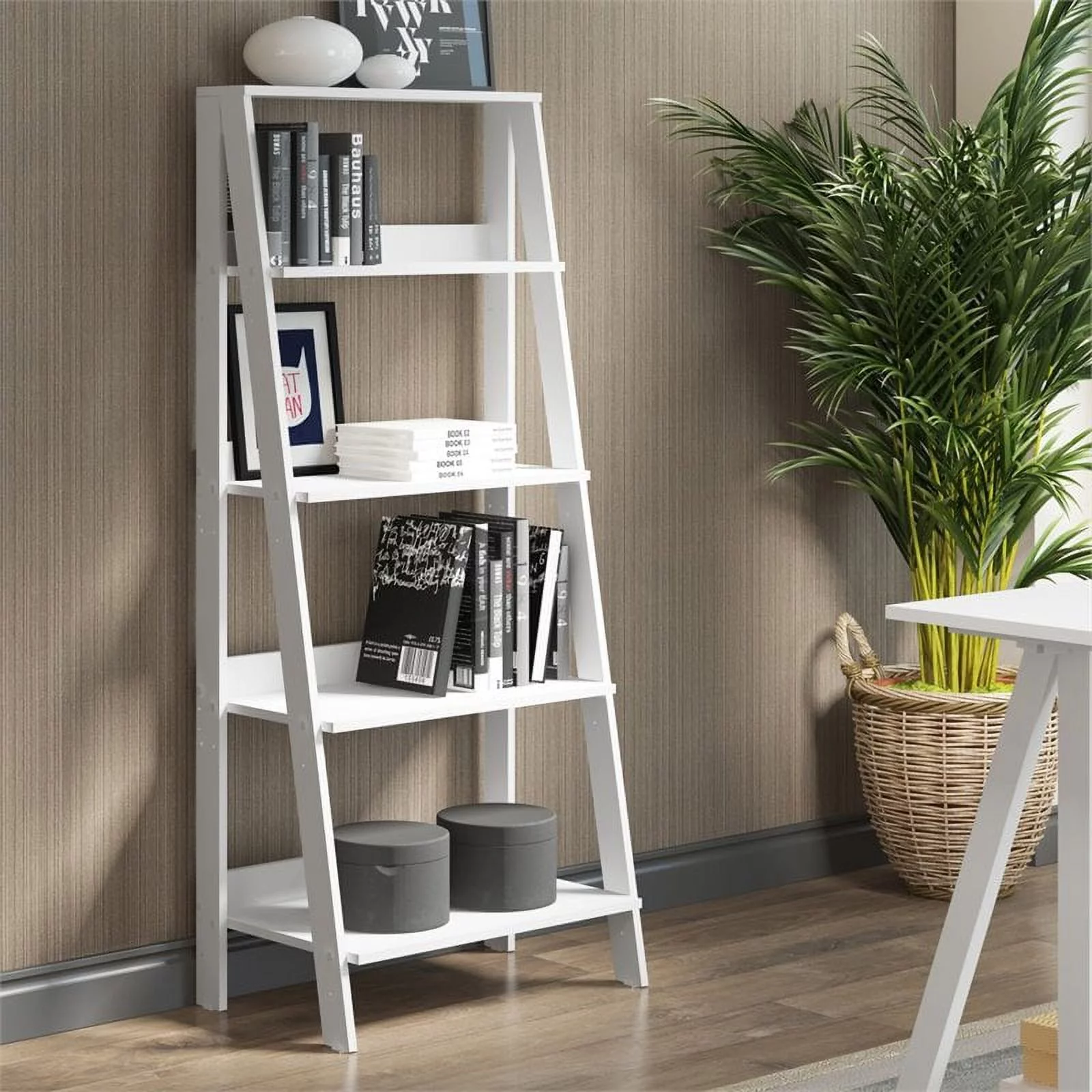 Pemberly Row 4-Shelf Wood Ladder Bookcase in White