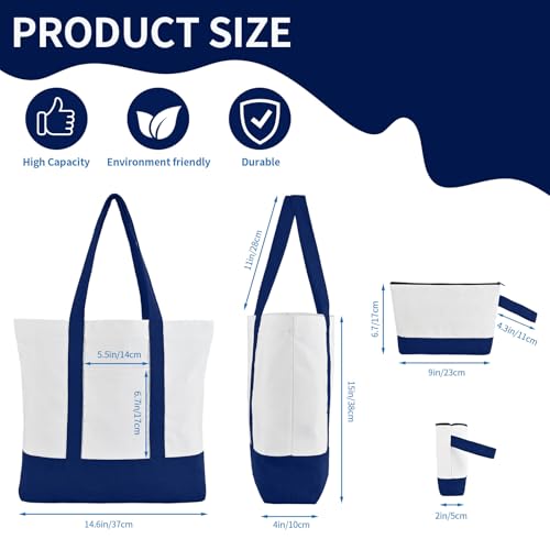 16 Pack Canvas Tote Bags Bulk and Makeup Pouches Set, 12oz Cotton Reusable Zippered Grocery Bags with Handles, DIY Sublimation, Halloween Craft, Beach & Travel with External Pocket (Women & Men)