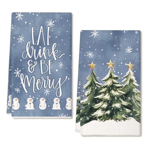 ARKENY Christmas Kitchen Towels Set of 2,Green Xmas Tree Snowflake Dish Towels 18x26 Inch Drying Dishcloth,Farmhouse Nobel Home Decoration AD140