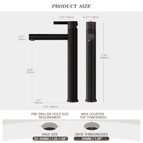 Phiestina Brushed Gold One Hole High Bathroom Vessel Sink Faucet, Single Hole Single Handle Tall Bathroom Faucet, with Pop Up Drain and Water Supply Line,FH01-BG-V