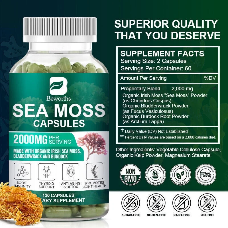 Organic Sea Moss Capsules 2000 mg bladderwrack & Burdock Root 120 Pills