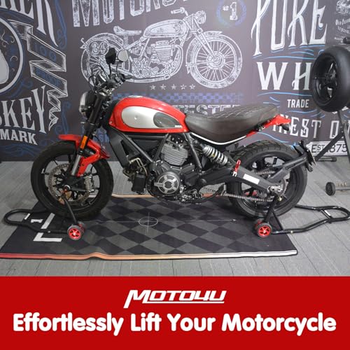 MOTO4U Motorcycle Front & Rear Stand, Front Rear Combo Stand Universal Wheel Lift Stand Swingarm Spool Lift Stand Paddock Stand (Red Wheel)