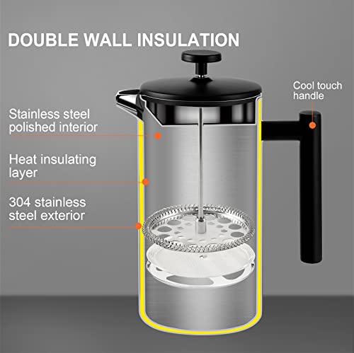 Secura French Press Coffee Maker, 304 Grade Stainless Steel Insulated Coffee Press with 2 Extra Screens, 34oz (1 Litre), Silver